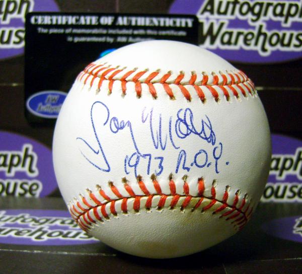 Gary Matthews Autographed Baseball Inscribed Roy 1973 - Yellowed Spotted Discounted