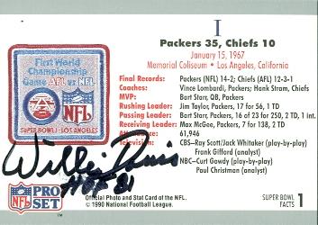 Willie Davis Autographed Football Card Green Bay Packers 1990 Pro Set No. 1 Super Bowl I - Green Bay Packers