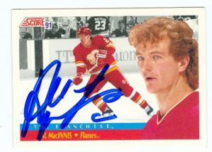Al MacInnis autographed hockey card (Calgary Flames) 1991 Score #417 The Franchise - Autographed Hockey Cards