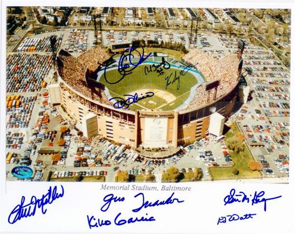 Picture of Autograph Warehouse  Baltimore Orioles Memorial Stadium Autographed Photo 8 x 10 Signed By Stu Miller- Triandos- Singleton- Decinces- Mcgreggor- Watt- Bumbry- Gregg Olson