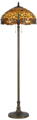 Picture of Cal Lighting BO-2372FL 60 W x 2 Tiffany Floor Lamp- Zinc Cast Base- Antique Brass With Dragon Fly Design