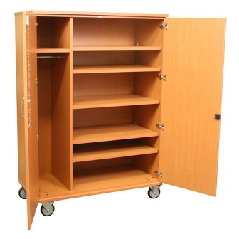36 X 24 X 72 Transporter Storage Cabinet in Hardrock Maple With 4 Adjustable Shelves, Divider, Garment Rod, Casters