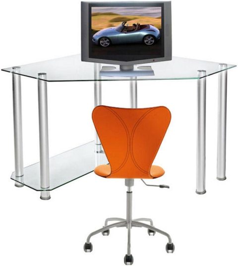 Picture of RTA Home and Office CT-013 Clear Tempered Glass and Aluminum Corner Computer Desk