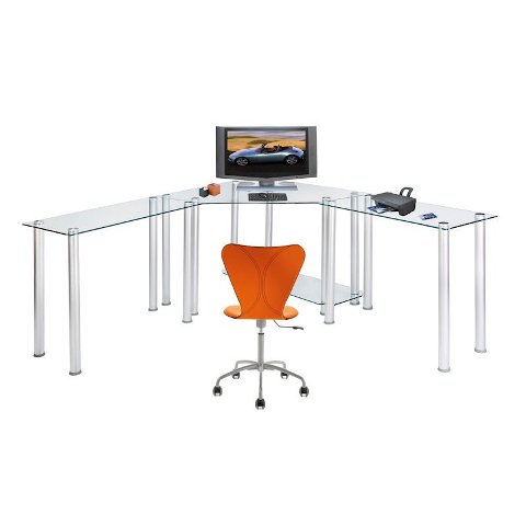 Picture of RTA Home and Office CT-013LR Clear Tempered Glass Corner Computer Desk with Left and Right Extention tables