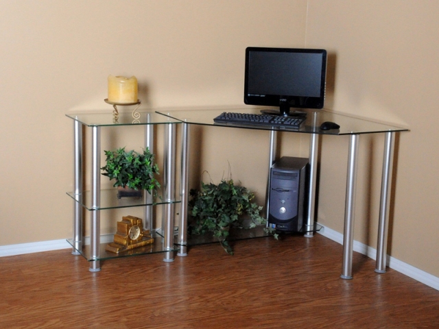 Picture of RTA Home and Office CT-0135 Clear Tempered Glass Corner Computer Desk with Right Extention table
