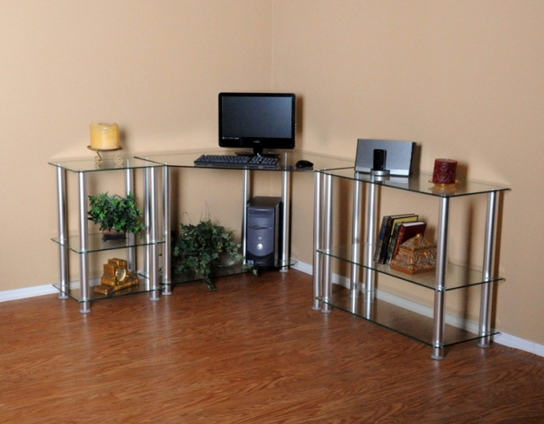 Clear Tempered Glass Corner Computer Desk with Right Extention table