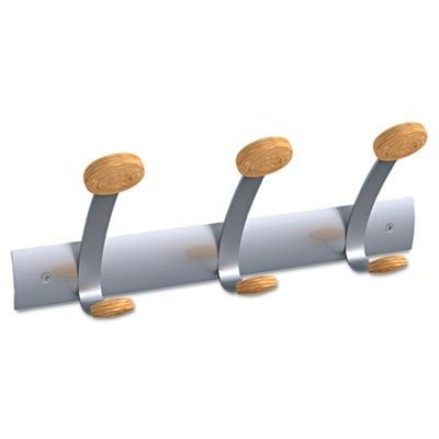 Picture of Alba PMV3 Modern Silver Coated Steel Coat Hook with 3 Double Light Wood Coat Pegs