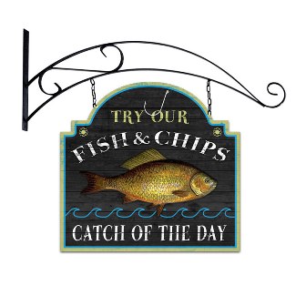 Past Time Signs PS157 Fish and Chips Bar and Alcohol Double Sided Custom Metal Shape with Wall Mount