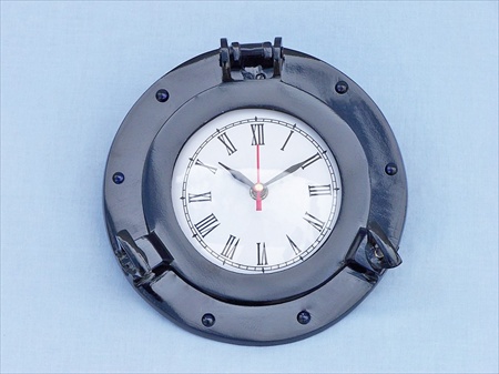 Brass Deluxe Class Porthole Clock 8 in. - Dark Blue Decorative Accent