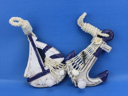 Wooden Rustic Blue Sailboat And Anchor Wall Accent With Hook Set 6 in. Decorative Accent