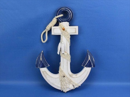 Wooden Rustic Blue And White Anchor With Hook Rope and Shells 13 in. Decorative Accent