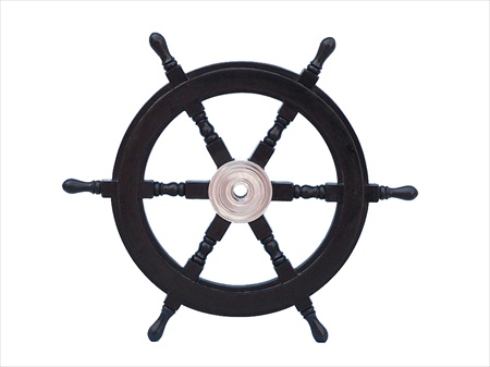 SW24CH-Black Deluxe Class Wood and Chrome Pirate Ship Steering Wheel 24 in. Decorative Accent