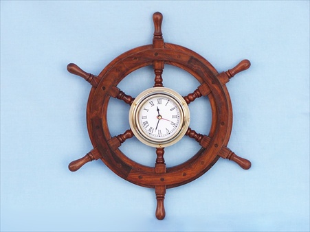 Deluxe Class Wood And Brass Ship Wheel Clock 12 in. Ship Wheels Decorative Accent