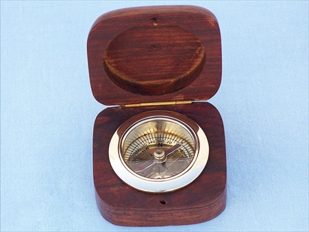 Brass Desk Compass With Rosewood Box 3 in. Compasses Decorative Accent