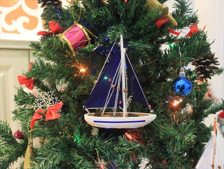Blue Sailboat With Blue Sails Christmas Tree Ornament 9 in. , Nautical Christmas Decoration