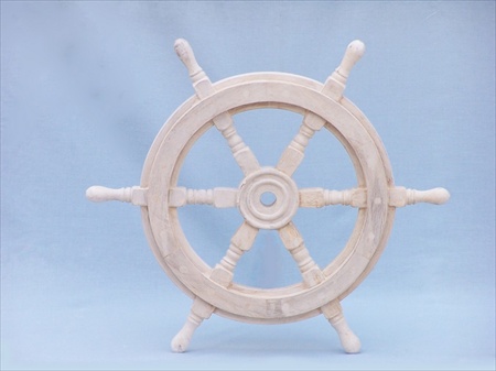 Classic Wooden Whitewash Ship Steering Wheel 18 in. Decorative Accent