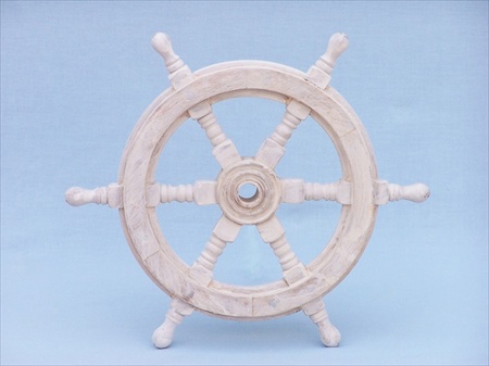 Classic Wooden Whitewash Ship Steering Wheel 12 in. Decorative Accent