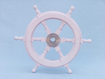 Deluxe Class White Wood and Chrome Ship Steering Wheel 12 in. Decorative Accent