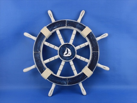 Picture of Handcrafted Model Ships Rustic-Dark-Blue-SW-Sailboat-18 Rustic Dark Blue Ship Wheel With Sailboat 18 in. Decorative Accent