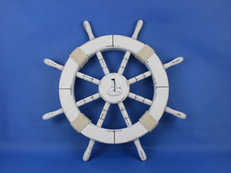 Picture of Handcrafted Model Ships Rustic-White-SW-Sailboat-18 Rustic White Ship Wheel With Sailboat 18 in. Decorative Accent