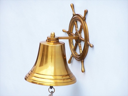 Brass Hanging Ship Wheel Bell 8 in. Decorative Accent