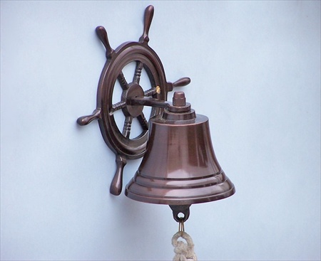 Antique Copper Hanging Ship Wheel Bell 7 in. Decorative Accent