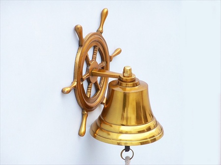 Brass Hanging Ship Wheel Bell 7 in. Decorative Accent