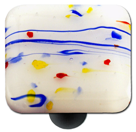 Mardi Gras Multi Colored with White Square Glass Cabinet Knob - Black Post