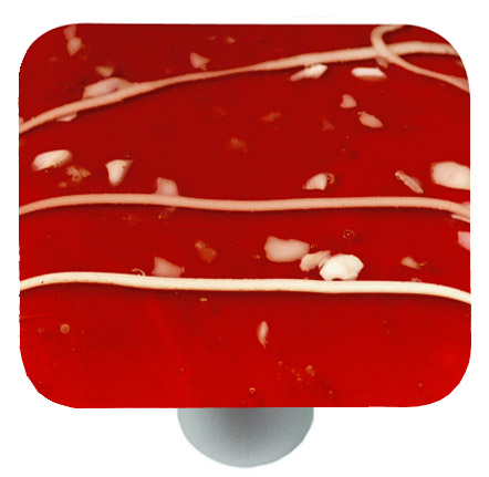 Mardi Gras White with Red Square Glass Cabinet Knob - Aluminum Post
