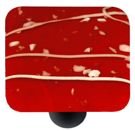 Glass Cabinet Knob - Mardi Gras White with Red Square - Black Post