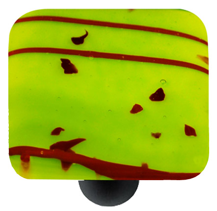 Mardi Gras Red with Spring Green Square Glass Cabinet Knob - Black Post - Handmade Artisan Glass Knob