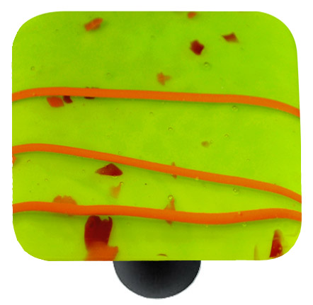Mardi Gras Orange with Spring Green Square Glass Cabinet Knob - Black Post - Handmade Artisan Glass Knob