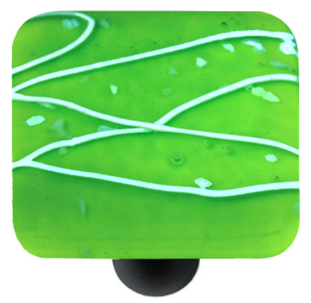 Mardi Gras White with Spring Green Square Glass Cabinet Knob - Black Post - Handmade Artisan Glass Knob
