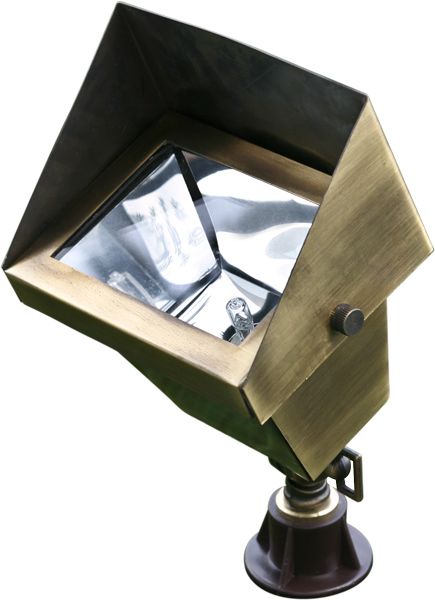 Solid Brass Area Flood Light with Hood, Antique Brass