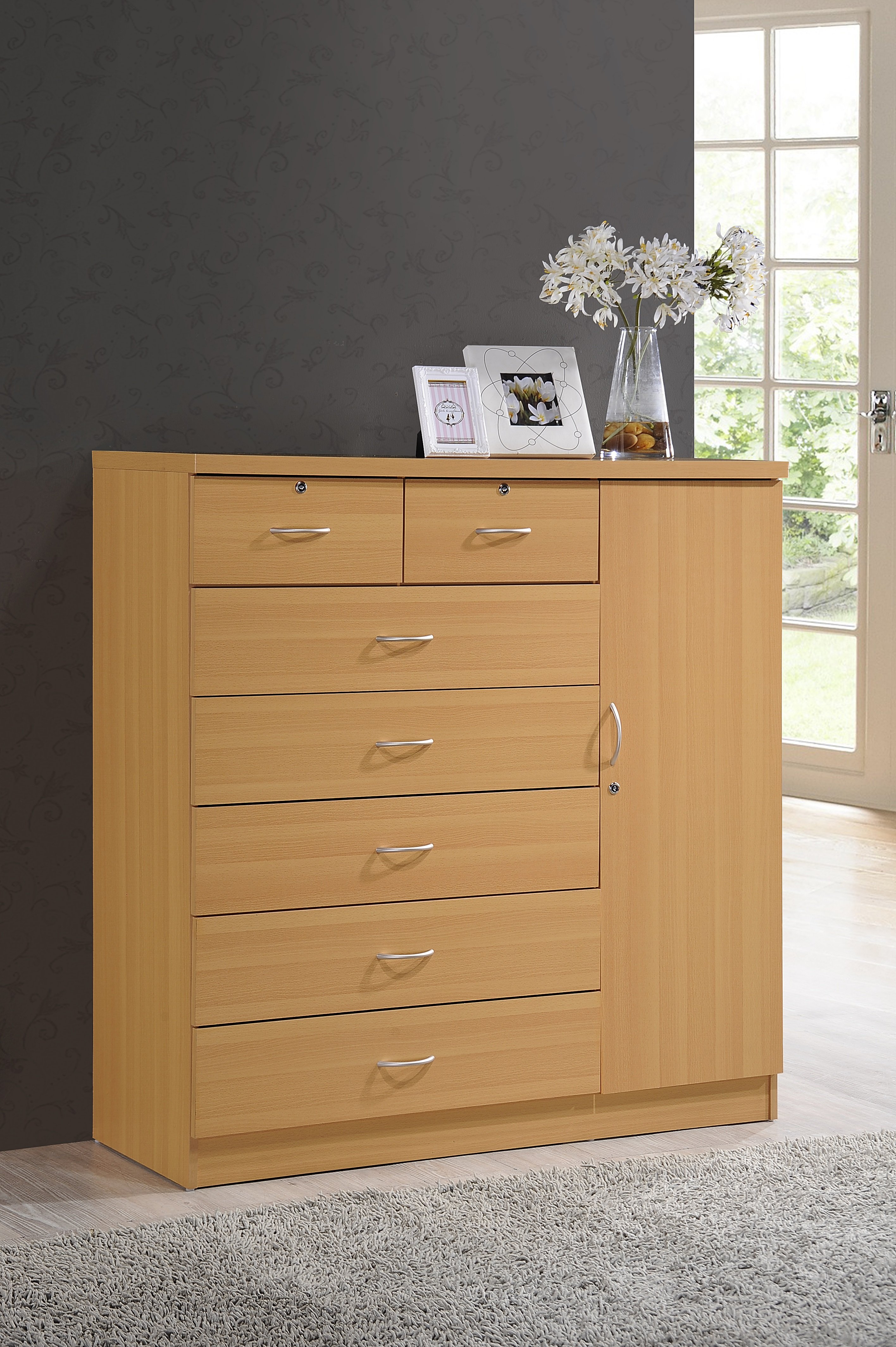 Hodedah Hi71Dr Beech 7 Drawer Jumbo Chest with Additional Door