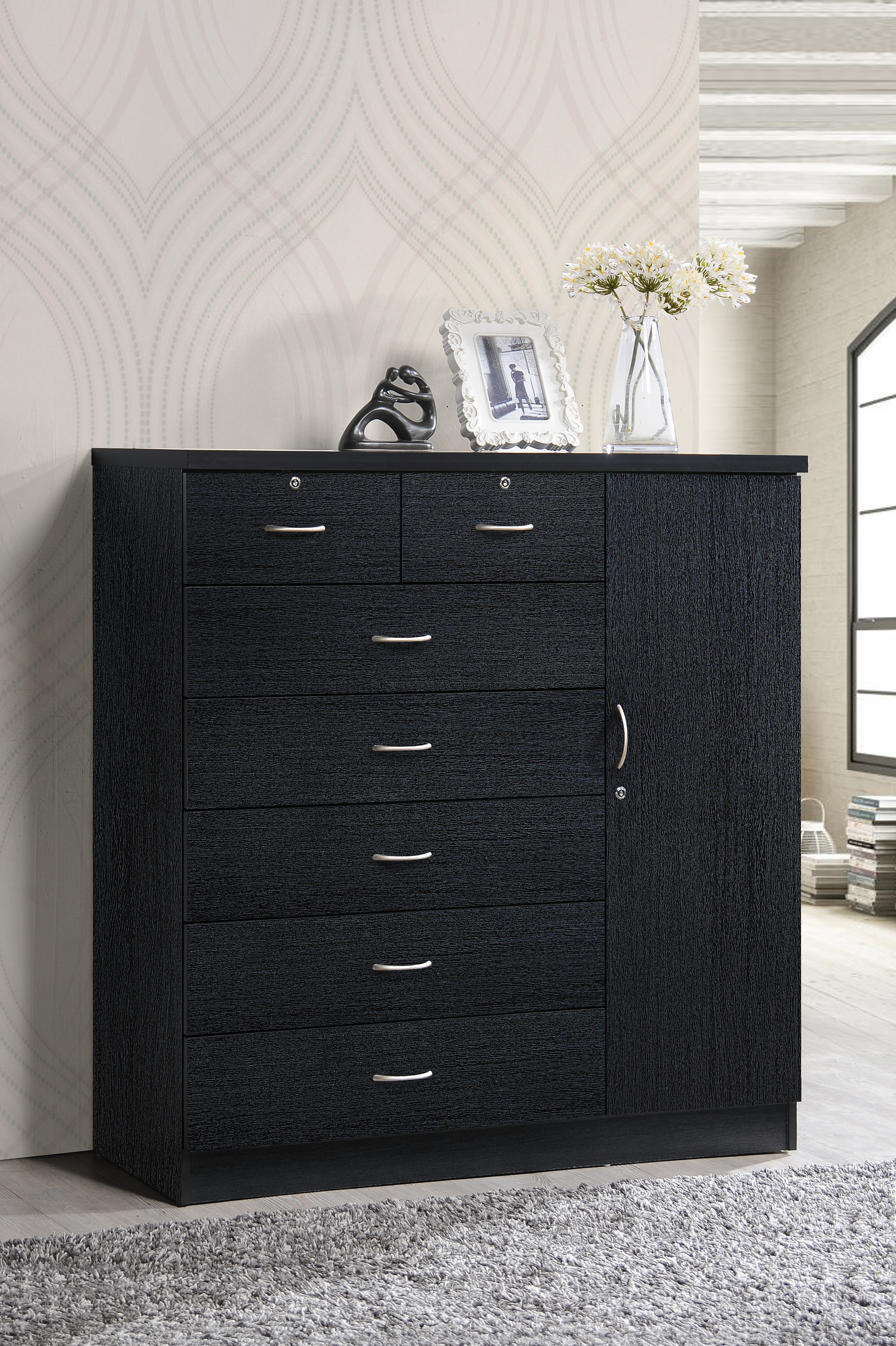 Hodedah Hi71Dr Black 7 Drawer Jumbo Chest with Additional Door