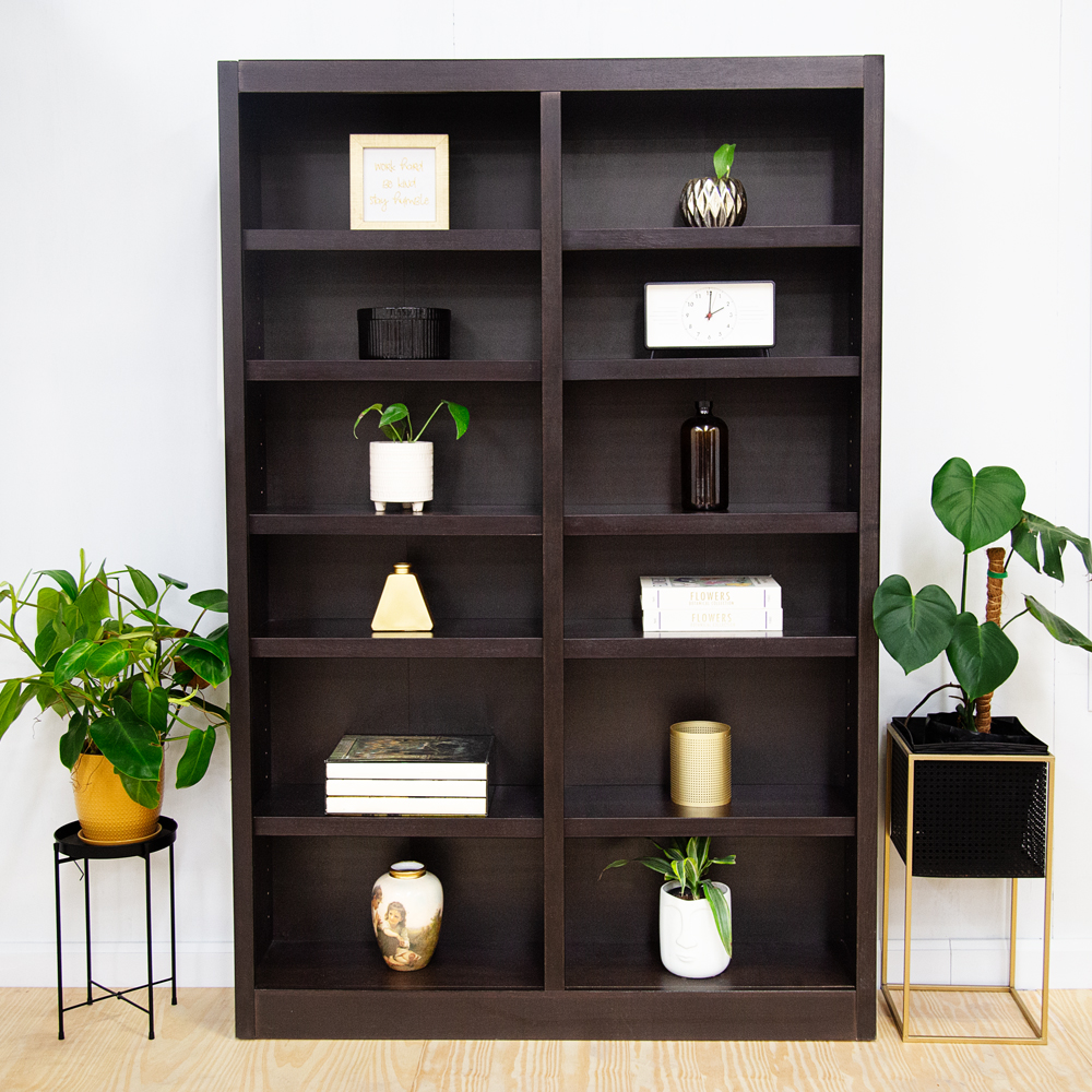 Double Wide Bookcase, Espresso Finish 12 Shelves