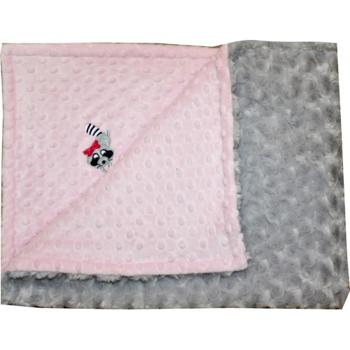 2BSPDSR-M Raccoon Minky Blanket - Pink Dot with Silver Rosebud Swirl