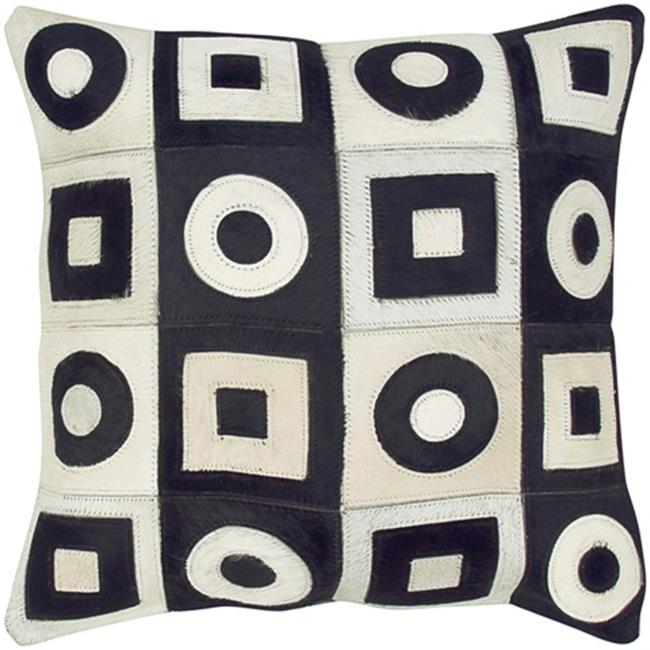 Indias Heritage C683 Leather - Square And Circles Pillow- Black - White