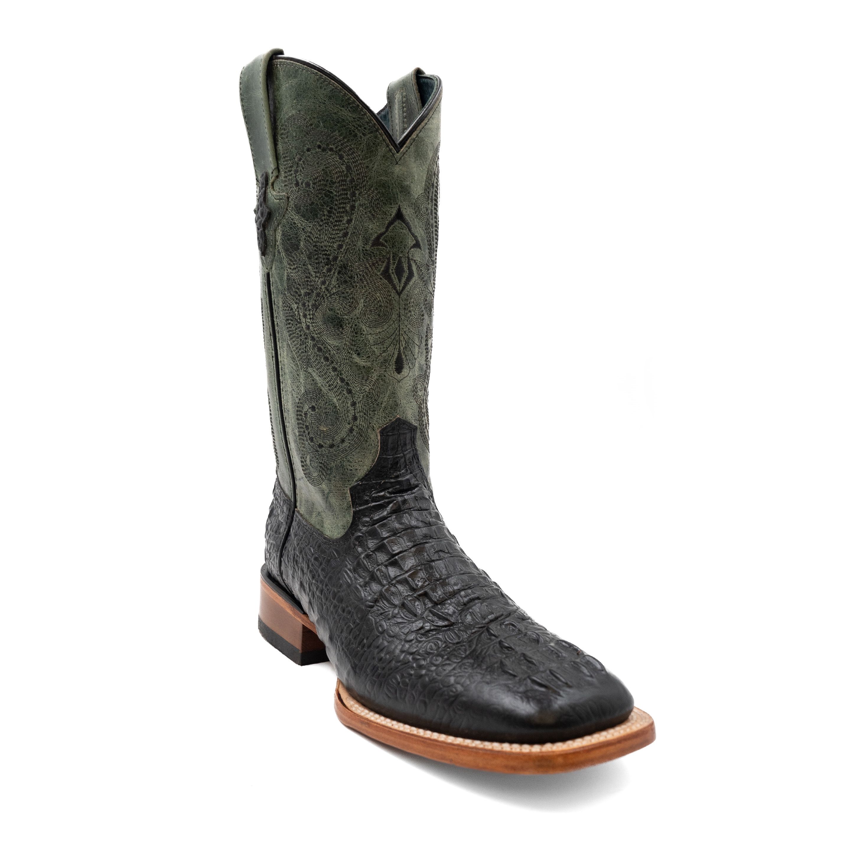4039304110D Mens Print Caiman Crocodile Square Toe Boots - Black- 11D