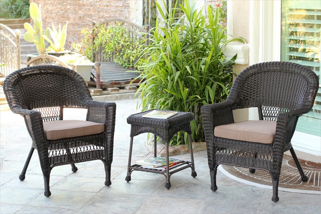 3 Piece Espresso Wicker Chair and End Table Set - Brown