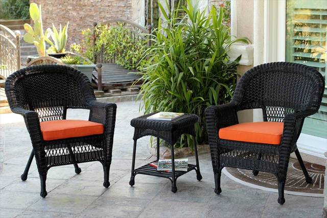 3 Piece Black Wicker Chair And End Table Set With Orange Cushion