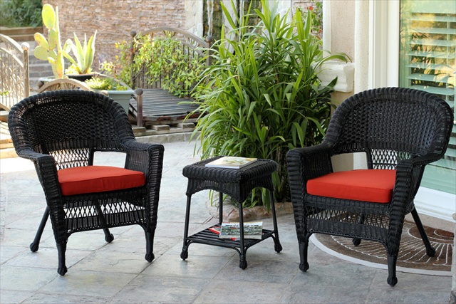 W00207_2-CES018 3 Piece Black Wicker Chair And End Table Set With Red Orange Cushion