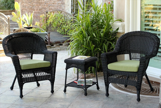W00207_2-CES029 3 Piece Black Wicker Chair And End Table Set With Green Cushion