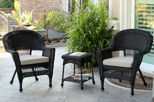 3 Piece Black Wicker Chair And End Table Set With Tan Cushion