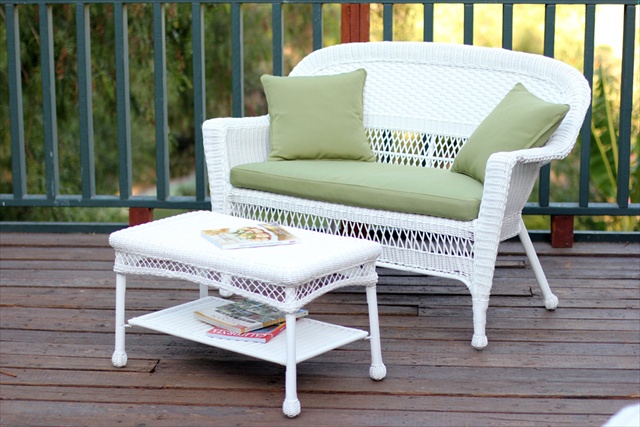 White Wicker Patio Love Seat And Coffee Table Set With Green Cushion