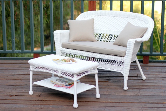 White Wicker Patio Love Seat And Coffee Table Set With Tan Cushion
