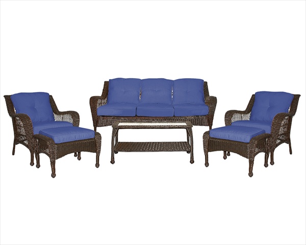 6Pc Wicker Seating Set With Blue Cushions