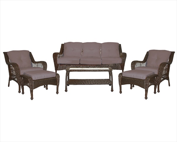 6Pc Wicker Seating Set With Brown Cushions - Brown