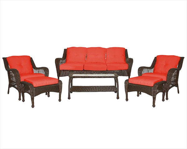 6Pc Wicker Seating Set With Red Cushions